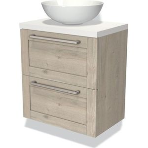 Modulo Plato Slim Badkamermeubel voor waskom | 60 cm Lichtgrijs eiken Kader front Mat wit blad 2 lades onder elkaar