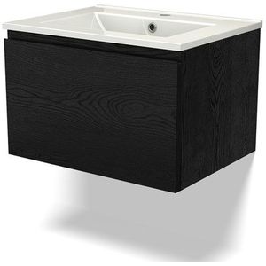 Modulo Badkamermeubel met wastafel | 60 cm Zwart eiken Greeploos front Keramiek 1 lade