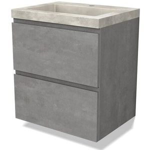 Modulo Badkamermeubel met wastafel | 60 cm Lichtgrijs beton Greeploos front Beton 2 lades onder elkaar