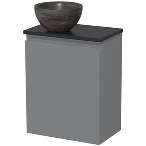 Toiletmeubel met waskom | 41 cm Middengrijs Greeploos front Blue stone Natuursteen waskom Mat zwart blad