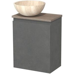 Toiletmeubel met waskom | 41 cm Donkergrijs beton Greeploos front Travertin Natuursteen waskom Eiken blad
