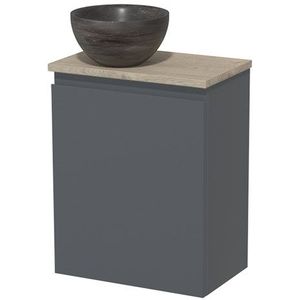 Toiletmeubel met waskom | 41 cm Donkergrijs Greeploos front Blue stone Natuursteen waskom Lichtgrijs eiken blad