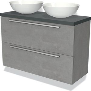 Modulo Plato Slim Badkamermeubel voor waskom | 100 cm Lichtgrijs beton Vlak front Donkergrijs blad 2 lades onder elkaar