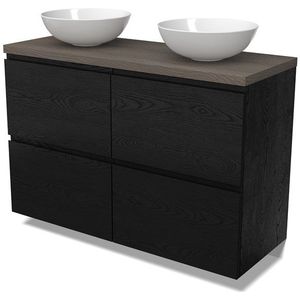 Modulo Plato Badkamermeubel voor waskom | 120 cm Zwart eiken Greeploos front Donkerbruin eiken blad 4 hoge lades