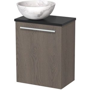 Toiletmeubel met waskom | 41 cm Donkerbruin eiken Vlak front Wit marmer Natuursteen waskom Mat zwart blad