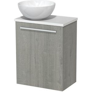 Toiletmeubel met waskom | 41 cm Grijs eiken Vlak front Hoogglans wit Keramiek waskom Hoogglans wit blad