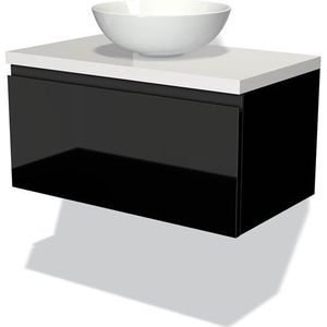 Modulo Plato Badkamermeubel voor waskom | 80 cm Hoogglans zwart Greeploos front Hoogglans wit blad 1 lade
