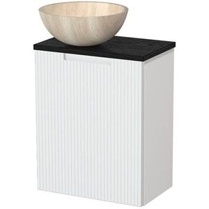 Toiletmeubel met waskom | 41 cm Mat wit Lijn front Travertin Natuursteen waskom Zwart eiken blad