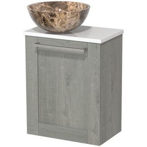 Toiletmeubel met waskom | 41 cm Grijs eiken Kader front Dark emperador Natuursteen waskom Hoogglans wit blad