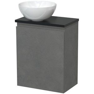 Toiletmeubel met waskom | 41 cm Donkergrijs beton Greeploos front Hoogglans wit Keramiek waskom Mat zwart blad