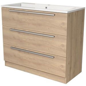 Modulo Badkamermeubel met wastafel | 100 cm Lichtbruin eiken Vlak front Mineraalmarmer 3 lades staand