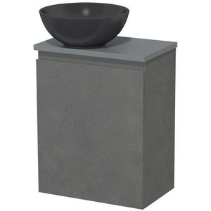 Toiletmeubel met waskom | 41 cm Donkergrijs beton Greeploos front Mat zwart Quartz waskom Middengrijs blad