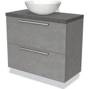 Modulo Plato Slim Badkamermeubel voor waskom | 80 cm Lichtgrijs beton Vlak front Donkergrijs beton blad 2 lades onder elkaar