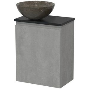Toiletmeubel met waskom | 41 cm Lichtgrijs beton Greeploos front Blue stone Natuursteen waskom Mat zwart blad