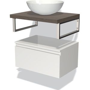 Modulo Plato Badkamermeubel voor waskom | 60 cm Hoogglans wit Greeploos front Donkerbruin eiken blad Laag zwevend