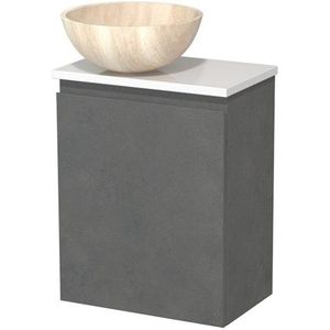 Toiletmeubel met waskom | 41 cm Donkergrijs beton Greeploos front Travertin Natuursteen waskom Hoogglans wit blad