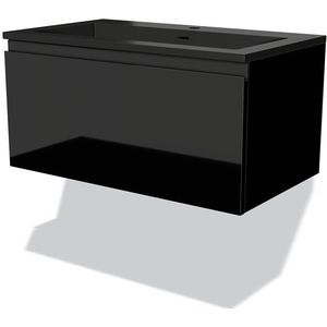Modulo Badkamermeubel met wastafel | 80 cm Hoogglans zwart Greeploos front Quartz 1 lade