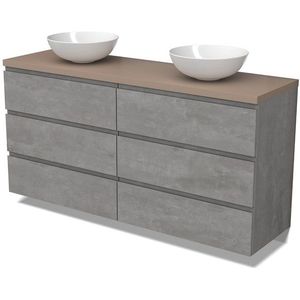 Modulo Plato Badkamermeubel voor waskom | 160 cm Lichtgrijs beton Greeploos front Taupe blad 6 lades