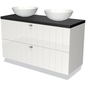Modulo Plato Badkamermeubel voor waskom | 120 cm Hoogglans wit Lamel front Mat zwart blad 2 lades onder elkaar