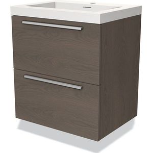 Modulo Badkamermeubel met wastafel | 60 cm Donkerbruin eiken Vlak front Solid surface 2 lades onder elkaar