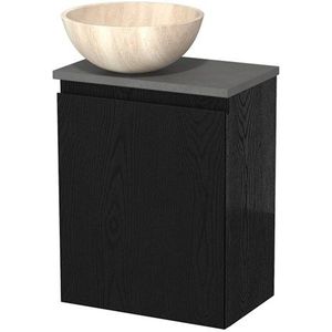 Toiletmeubel met waskom | 41 cm Zwart eiken Greeploos front Travertin Natuursteen waskom Donkergrijs beton blad