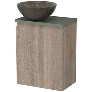 Toiletmeubel met waskom | 41 cm Eiken Greeploos front Blue stone Natuursteen waskom Saliegroen blad