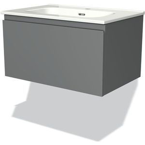 Modulo Badkamermeubel met wastafel | 70 cm Middengrijs Greeploos front Keramiek 1 lade