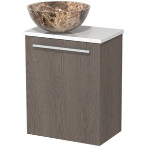 Toiletmeubel met waskom | 41 cm Donkerbruin eiken Vlak front Dark emperador Natuursteen waskom Hoogglans wit blad
