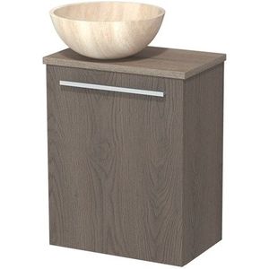 Toiletmeubel met waskom | 41 cm Donkerbruin eiken Vlak front Travertin Natuursteen waskom Eiken blad