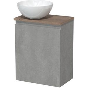 Toiletmeubel met waskom | 41 cm Lichtgrijs beton Greeploos front Hoogglans wit Keramiek waskom Middenbruin eiken blad