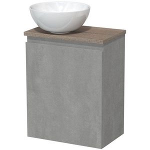 Toiletmeubel met waskom | 41 cm Lichtgrijs beton Greeploos front Hoogglans wit Keramiek waskom Eiken blad