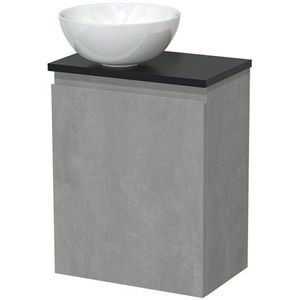 Toiletmeubel met waskom | 41 cm Lichtgrijs beton Greeploos front Hoogglans wit Keramiek waskom Mat zwart blad
