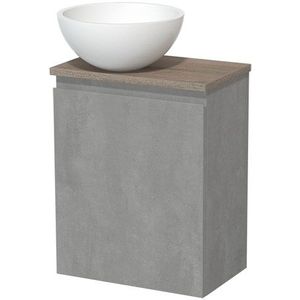Toiletmeubel met waskom | 41 cm Lichtgrijs beton Greeploos front Mat wit Solid surface waskom Eiken blad