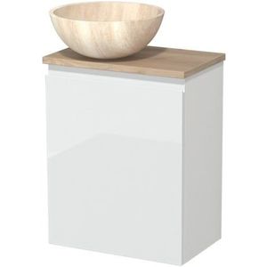 Toiletmeubel met waskom | 41 cm Hoogglans wit Greeploos front Travertin Natuursteen waskom Lichtbruin eiken blad