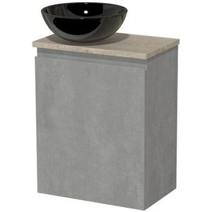 Toiletmeubel met waskom | 41 cm Lichtgrijs beton Greeploos front Hoogglans zwart Keramiek waskom Lichtgrijs eiken blad