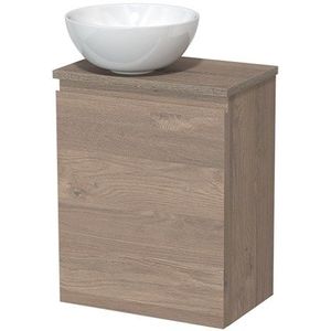 Toiletmeubel met waskom | 41 cm Middenbruin eiken Vlak front Hoogglans wit Keramiek waskom Eiken blad