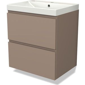 Modulo Badkamermeubel met wastafel | 60 cm Taupe Greeploos front Keramiek 2 lades onder elkaar
