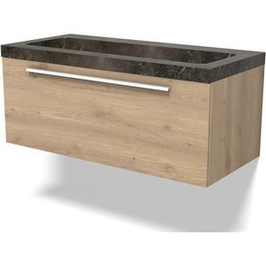 Modulo Badkamermeubel met wastafel | 100 cm Lichtbruin eiken Vlak front Natuursteen 1 lade
