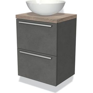 Modulo Plato Slim Badkamermeubel voor waskom | 50 cm Donkergrijs beton Vlak front Eiken blad 2 lades onder elkaar