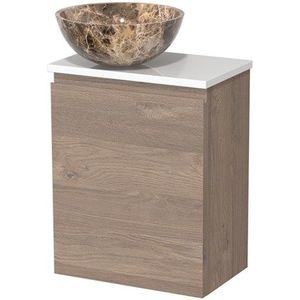 Toiletmeubel met waskom | 41 cm Middenbruin eiken Greeploos front Dark emperador Natuursteen waskom Hoogglans wit blad