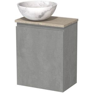 Toiletmeubel met waskom | 41 cm Lichtgrijs beton Greeploos front Wit marmer Natuursteen waskom Lichtgrijs eiken blad