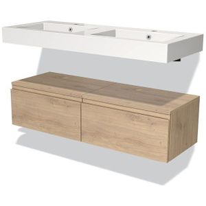 Modulo Badkamermeubel met wastafel | 120 cm Lichtbruin eiken Greeploos front Mineraalmarmer Laag zwevend