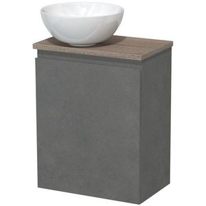 Toiletmeubel met waskom | 41 cm Donkergrijs beton Greeploos front Hoogglans wit Keramiek waskom Eiken blad