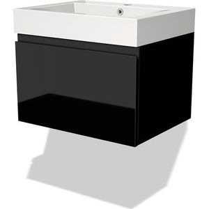 Modulo Badkamermeubel met wastafel | 60 cm Hoogglans zwart Greeploos front Mineraalmarmer 1 lade