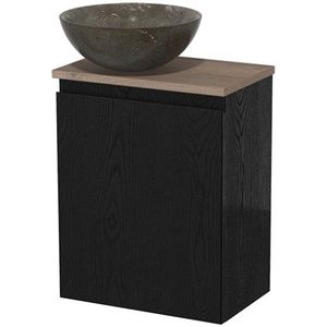 Toiletmeubel met waskom | 41 cm Zwart eiken Greeploos front Blue stone Natuursteen waskom Middenbruin eiken blad