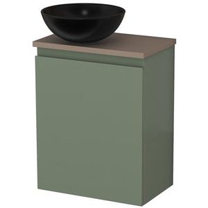 Toiletmeubel met waskom | 41 cm Saliegroen Greeploos front Mat zwart Keramiek waskom Taupe blad