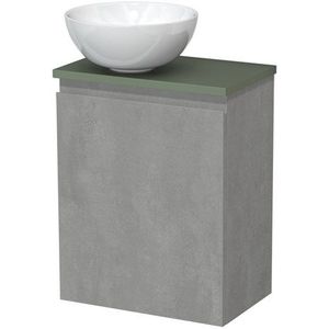 Toiletmeubel met waskom | 41 cm Lichtgrijs beton Greeploos front Hoogglans wit Keramiek waskom Saliegroen blad