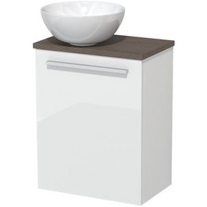 Toiletmeubel met waskom | 41 cm Hoogglans wit Vlak front Hoogglans wit Keramiek waskom Donkerbruin eiken blad