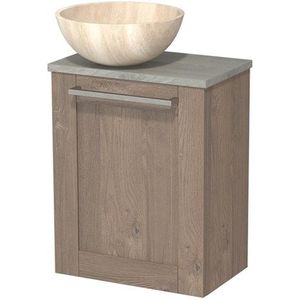 Toiletmeubel met waskom | 41 cm Middenbruin eiken Kader front Travertin Natuursteen waskom Grijs eiken blad