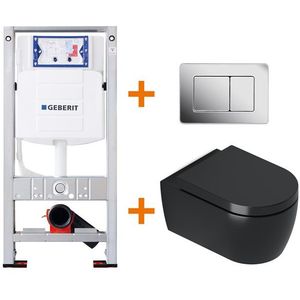 Toiletset Mat zwart Verkort met Spoelrand + Geberit UP320 inbouwreservoir